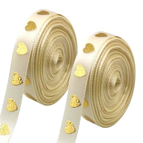 2 Rollen 10m Schleifenband, 1cm Geschenkband mit Goldenen Herzen, Satinband Bänder für Geschenkverpackungen, Hochzeiten, Bastelarbeiten, Blumenstraußdekoration, Beige 2 Rollen 10m Schleifenband, 1cm Geschenkband mit Goldenen Herzen, Satinband Bänder für Geschenkverpackungen, Hochzeiten, Bastelarbeiten, Blumenstraußdekoration, Beige von Kisstta