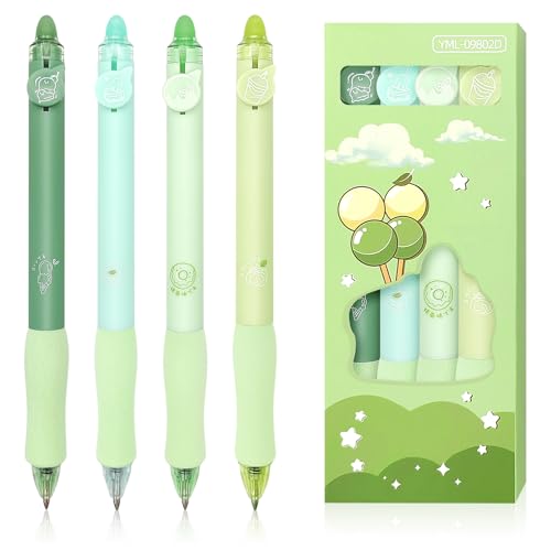 Kisvic Radierbarer Kugelschreiber, 4 Stück Tintenroller Radierbar mit Radiergummi und 4 Nachfüllungen, 0.5MM Erasable Pen Set, Schreibkomfort Radierstifte Gelstifte für Studenten Geschenk (Grün) von Kisvic