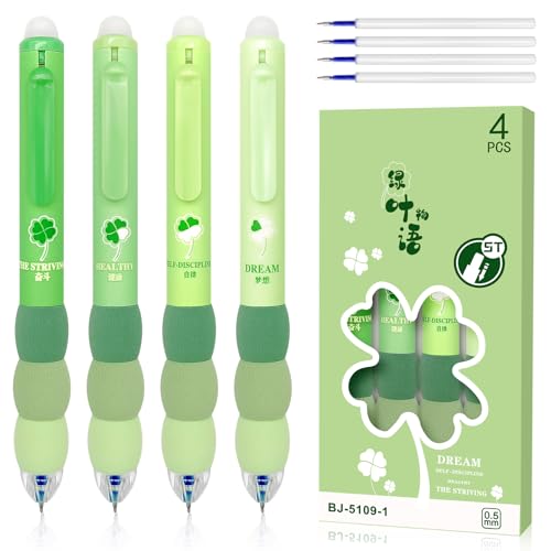 Kisvic Radierbarer Kugelschreiber, 4 Stück Tintenroller Radierbar mit Radiergummi und Nachfüllungen, 0.5MM Schreibkomfort Erasable Pen, Schwamm Schutzhülle Radierstifte für Studenten Geschenk (Grün) von Kisvic