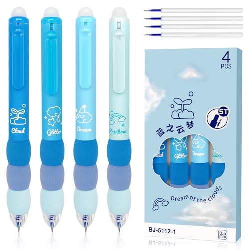 Kisvic Radierbarer Kugelschreiber, 4 Stück Tintenroller Radierbar mit Radiergummi und Nachfüllungen, 0.5MM Schreibkomfort Erasable Pen, Schwamm Schutzhülle Radierstifte für Studenten Geschenk (Blau) von Kisvic