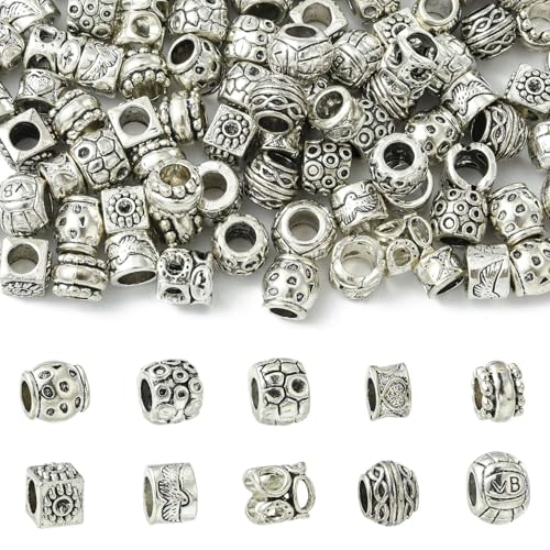 KitBeads 100 Stück 10 Stile Antik Metall Runde Europäische Perlen Tibetische Spalte Spacer Perlen Großes Loch Barrel Perlen für Schmuckherstellung Armbänder Halsketten Bulk von KitBeads