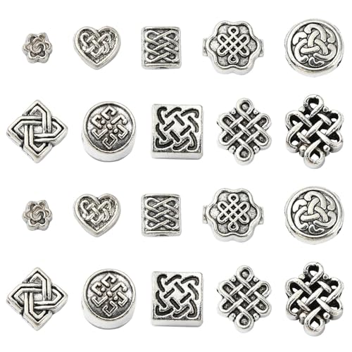 KitBeads 100 Stück 10 Stile tibetisch-chinesischer Knoten, runde Perlen, Metall, keltischer Knoten, quadratisch, rechteckig, Abstandshalter für Schmuckherstellung, Armbänder, Ohrringe, Handwerk von KitBeads