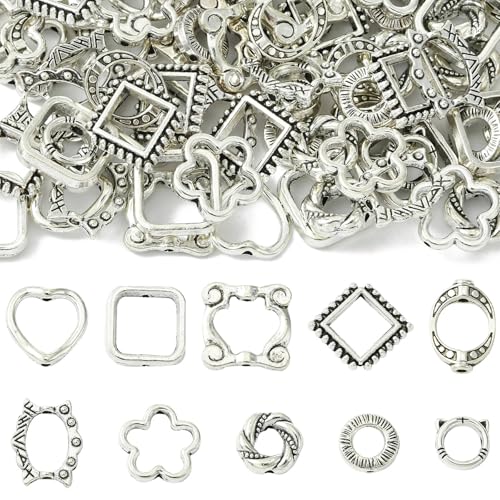 KitBeads 100 Stück 10 Stile tibetische Blume quadratische runde Herzperlen Antiksilber hohle Perlenrahmen für Armband Schmuck Perlen Bulk von KitBeads