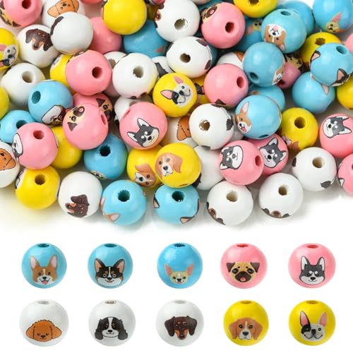 KitBeads 100 Stück 16 mm zufällige Holz-Hundeperlen, runde Haustierperlen, großes Loch, Tierkopfperlen für Schmuckherstellung, Armbänder, Ohrringe, Basteln, Großpackung von KitBeads