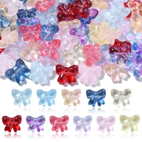 KitBeads 100 Stück transparente Schleifen-Perlen in 10 Farben, Mini-Schmetterlings-Perlen, bunte Glasschleifenperlen für Schmuckherstellung, Armbänder, Halsketten, Bastelarbeiten von KitBeads