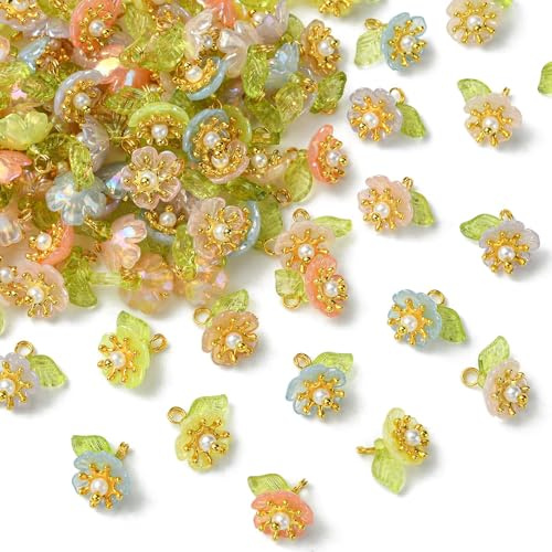 KitBeads 100 Stück zufällige Acryl-Blumen-Charms, baumelnde Mini-Blatt-Blumen-Anhänger für Schmuckherstellung, Armbänder, Halsketten, Handwerk, Großpackung, Acryl, Ohne Edelstein von KitBeads