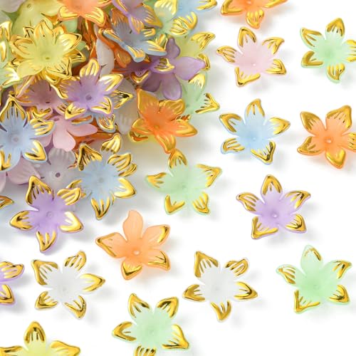 KitBeads 100 Stück zufällige Acryl-Blumen-Perlenkappen, 5-Petal-Lilien-Perlen, goldener Rand, Endkappen für Schmuckherstellung, Armbänder, Halsketten, Basteln, Großpackung von KitBeads