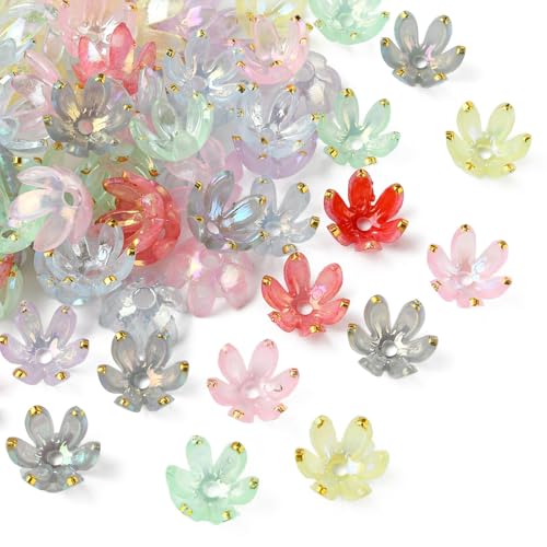 KitBeads 100 Stück zufällige Acryl-Blumen-Perlenkappen, bunte Glockenblumen-Perlen, 6-Petal-Blumen, lose Perlen für Schmuckherstellung, Armbänder, Halsketten, Basteln, Großpackung von KitBeads