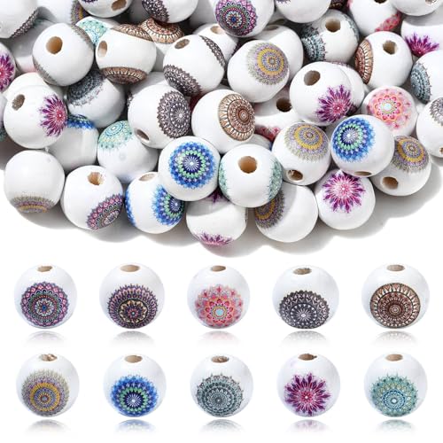 KitBeads 100 Stück zufällige Blumendruck-Perlen, runde Perlen, großes Loch, bemalte Holzperlen für Schmuckherstellung, Armbänder, Halsketten, Großpackung von KitBeads