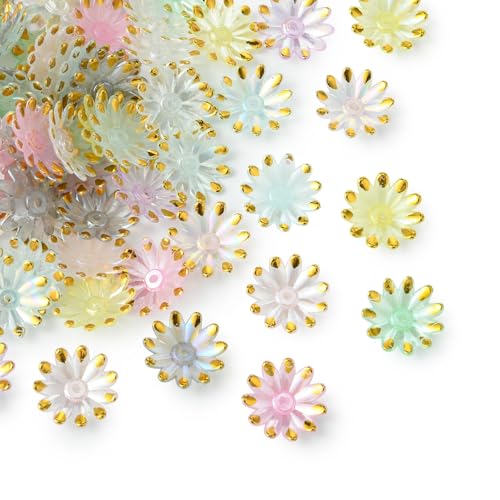 KitBeads 100 Stück zufällige Dasiy-Blumen-Perlenkappen, goldener Rand, florale Abstandshalter, Acryl, Gänseblümchen, Perlen für Schmuckherstellung, Armbänder, Basteln, Großpackung von KitBeads