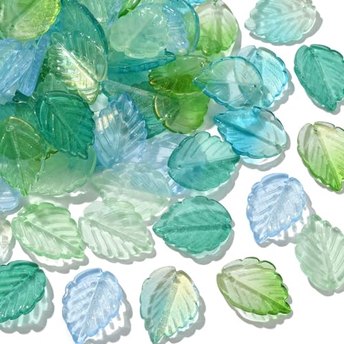 KitBeads 100 Stück zufällige Glasblatt-Charms, Lampwork Kawaii Frosted Leaf Charms Transparent Grün Baum Blatt Charms für Schmuckherstellung Armbänder von KitBeads