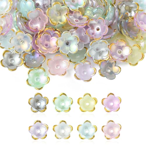 KitBeads 100 Stück zufällige Glockenblumen-Perlen, 5-Petal, Mini-Blumenperlen, goldener Rand, Blumenperlenkappen für Schmuckherstellung, Armbänder, Halsketten, Handwerk, Großpackung von KitBeads