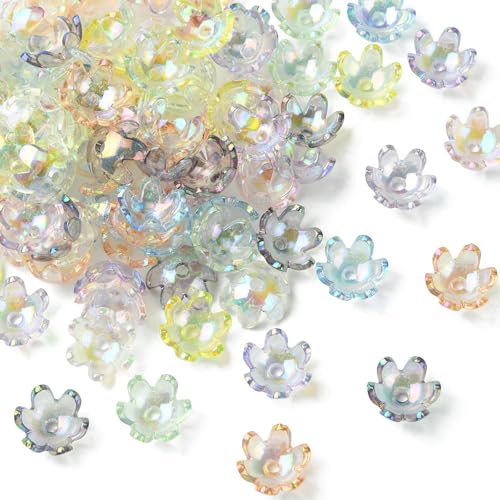 KitBeads 100 Stück zufällige Glockenblumen-Perlenkappen, Acryl, Blumenperlen, AB-Farbe, transparente Trompetenperlen für Schmuckherstellung, Armbänder, Halsketten, Bulk von KitBeads