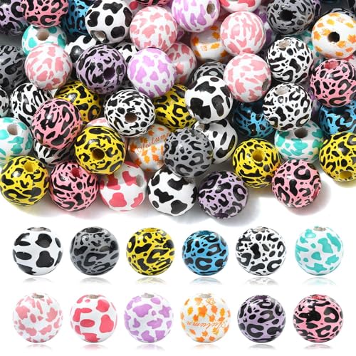 KitBeads 100 Stück zufällige Holzperlen mit Tierdruck, 15 mm, Tiger-Druck, Holzperlen, großes Loch, Kuh-Druck, Perlen für Schmuckherstellung, Armbänder, Stifte, Handwerk, Großpackung von KitBeads