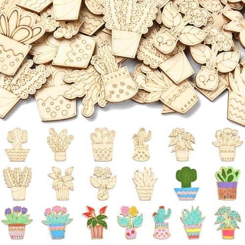 KitBeads 100 Stück zufällige Kaktus-Holzausschnitte für tropische Pflanzen, unlackierte Sukkulenten-Blumenausschnitte für Bastelarbeiten, Malerei, Party, Heimdekoration von KitBeads