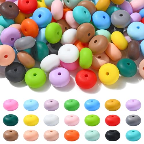 KitBeads 100 Stück zufällige Linsen-Silikonperlen, flache runde Gummiperlen, bunte Abakus-Perlen für Schmuckherstellung, Armbänder, Schlüsselanhänger, Stifte, Bastelarbeiten von KitBeads