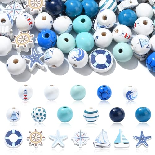 KitBeads 100 Stück zufällige Ozean-Holzperlen, Sommer, nautische blaue Holzperlen, Seestern, Anker, runde Kugelperlen für Schmuckherstellung, Strand-Party-Dekorationen von KitBeads