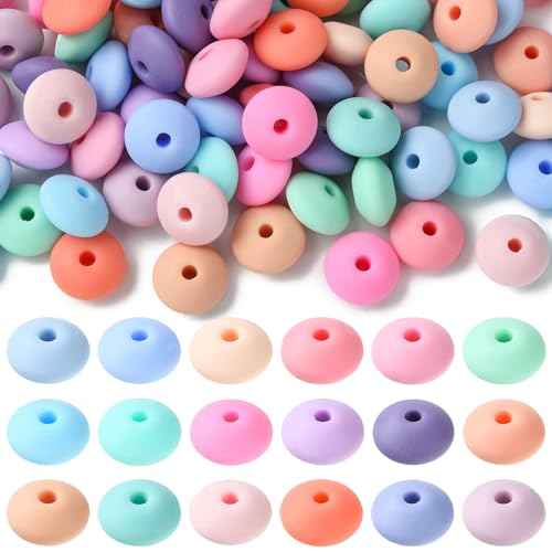 KitBeads 100 Stück zufällige Silikon-Abakus-Perlen, Gummi, bunte Untertassenperlen, Rondelle, Fokuslinsenperlen, 12 mm, für Stifte, Schmuckherstellung, Großpackung von KitBeads