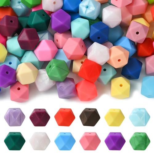 KitBeads 100 Stück zufällige Silikonperlen, 14 mm, Gummi, sechseckige Perlen, bunt, groß, polygonale Geometrie, Perlen für Schmuckherstellung, Schlüsselanhänger, Großpackung von KitBeads