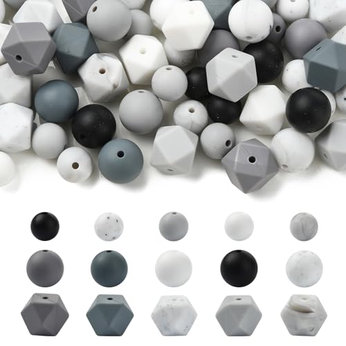 KitBeads 100 Stück zufällige graue Silikonperlen, schwarz-weiß, rund, sechseckig, für Schlüsselanhänger, Stifte, Schlüsselband, Schmuckherstellung, Armbänder, Basteln, Großpackung von KitBeads