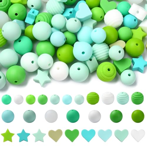 KitBeads 100 Stück zufällige grüne Silikonperlen mit Stern, rund, Herz, Focal, Perlen, Minzgrün, Silikonperlen für Schmuckherstellung, Schlüsselanhänger, Stifte, Handwerk, Großpackung von KitBeads