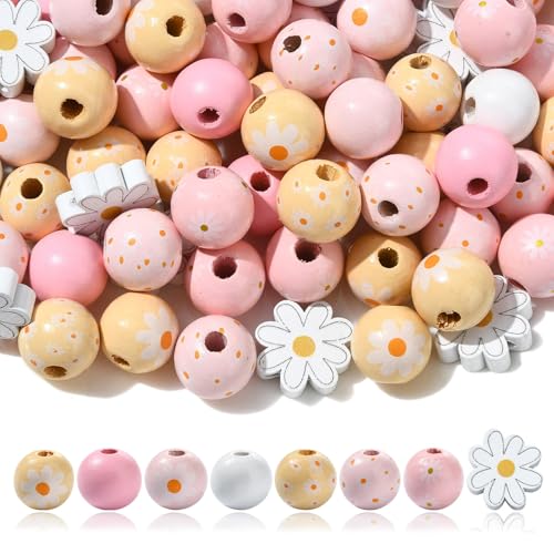 KitBeads 100 Stück zufällige runde Holzperlen, 15 mm, Gänseblümchen-Perlen, rosa Holz, großes Loch, Perlen für Schmuckherstellung, Armbänder, Halsketten, Stifte, Handwerk, Großpackung von KitBeads