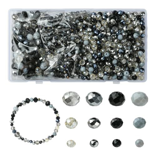 KitBeads 1000 Stück zufällige schwarze Glasperlen, rauchfarben, rund, facettiert, Rondelle-Perlen-Set für Armbänder, Halsketten, Schmuckherstellung, Handwerk, Großpackung von KitBeads