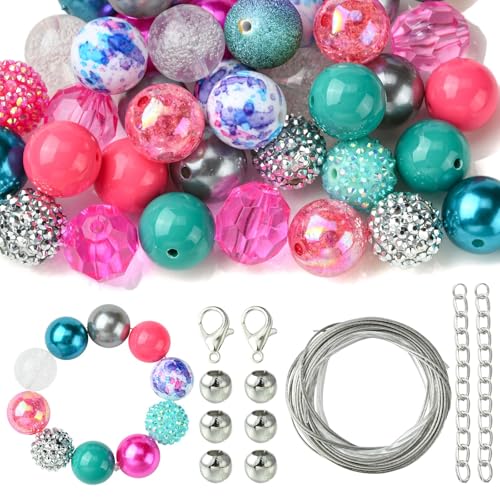 KitBeads 110 Stück zufällige 20 mm Bubblegum-Perlen, Acryl, facettierte runde Perlen, Discokugel, Strass, klobige Perlen für Schlüsselanhänger, Schmuckherstellung, Armbänder, Stifte, Großpackung von KitBeads