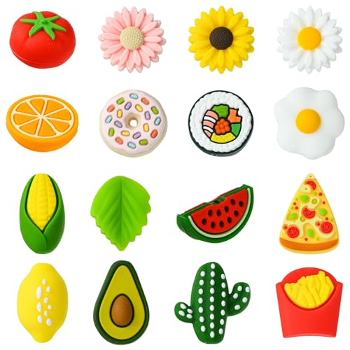 KitBeads 16 Stück Frühlings-Silikonperlen, bunte Gummi-Blumen-Lebensmittelperlen, Cartoon-Pizza, Wassermelone, Kaktus, Sonnenblume, Brennperlen für Stifte, Basteln von KitBeads