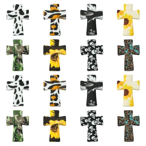 KitBeads 16 x Kreuz-Silikonperlen, Leopardenmuster, Religionsperlen, 8 Stile, Gummi, Jesus, Kreuzfokal-Perlen für Schmuckherstellung, Schlüsselanhänger, Stifte, Handwerk, Großpackung von KitBeads