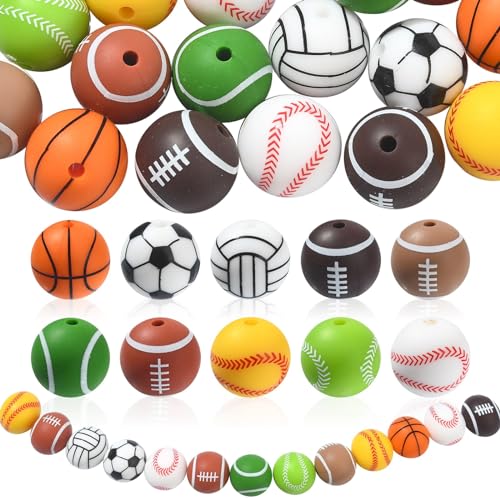 KitBeads 20 Stück Silikonkugelperlen in verschiedenen Stilen für Basketball, Fußball, Sport, Focal, Vollyball, Fußball, Gummiballperlen für Schmuckherstellung, Großpackung von KitBeads