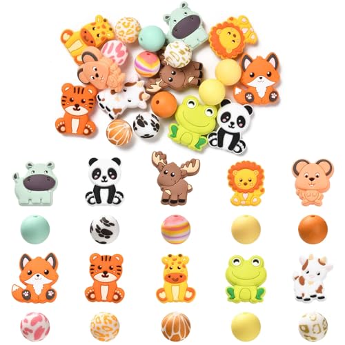 KitBeads 20 Stück gemischte Stile, Tier-Silikonperlen, bunt, runde Fokusperlen, Gummi, niedlicher Panda, Löwe, Tiger, Dschungel, Tierperlen für Schmuckherstellung, Großpackung von KitBeads