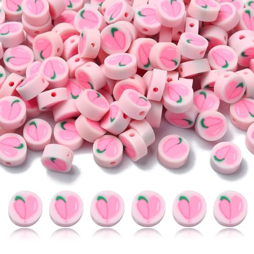 KitBeads 200 Stück Pfirsich-Polymer-Ton-Perlen, handgefertigt, rosa, Obst-Ton-Perlen, flach, rund, niedliche Lebensmittel-Ton-Perlen für Schlüsselanhänger, Armbänder, Schmuckherstellung von KitBeads