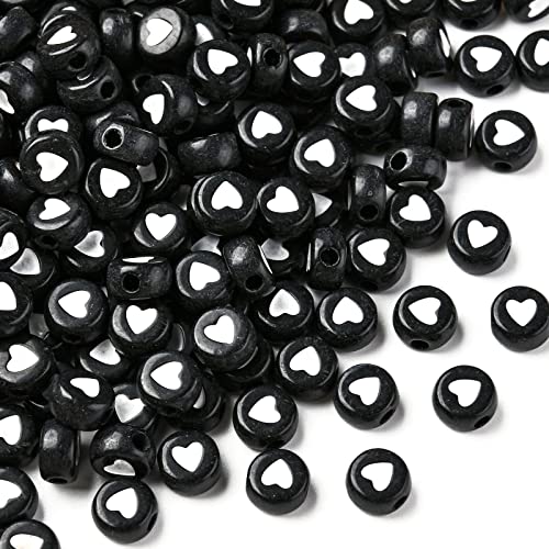 KitBeads 200 Stück schwarze Acrylperlen in Herzform, flach, rund, Herzperlen, Pony, Münzscheibe, Herzperlen für Schmuckherstellung, Armbänder, Halsketten, Großpackung von KitBeads