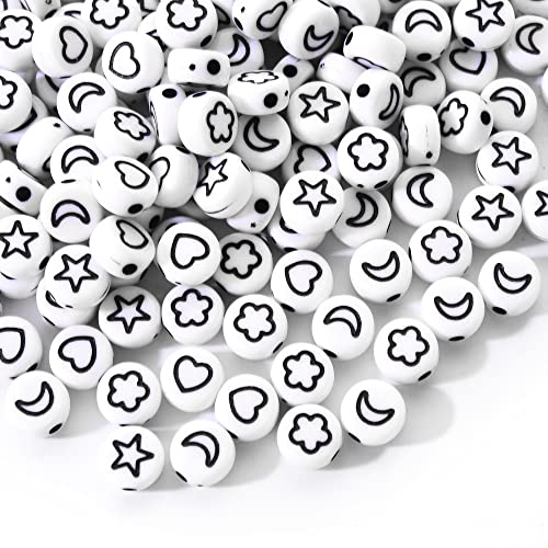 KitBeads 200 Stück weiße Acrylperlen Mond Stern Herz runde Perlen flach runde Stern Perlen für Schmuckherstellung Armbänder Bulk von KitBeads