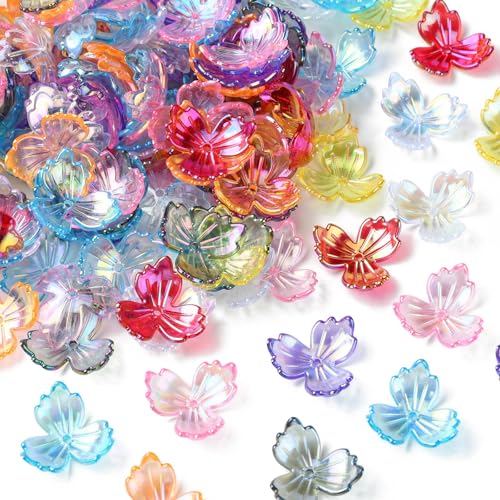 KitBeads 200 Stück zufällige Acryl-Blumen-Perlenkappen, 3 Blütenblätter, UV-beschichtet, große Trompetenperlen für Schmuckherstellung, Armbänder, Schlüsselanhänger, Basteln von KitBeads