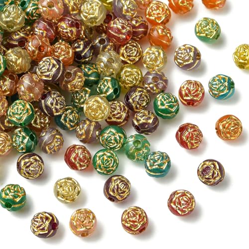 KitBeads 200 Stück zufällige Acryl-Rosen-Perlen, bunte Blumenperlen, goldene runde Blumenperlen für Schmuckherstellung, Armbänder, Halsketten, Handwerk, Großpackung von KitBeads