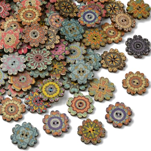 KitBeads 200 Stück zufällige Holzknöpfe mit Blume, bunt, niedlich, Blumenmuster, Vintage-Knöpfe mit 2 Löchern, für Röcke, Pullover, Hemden von KitBeads