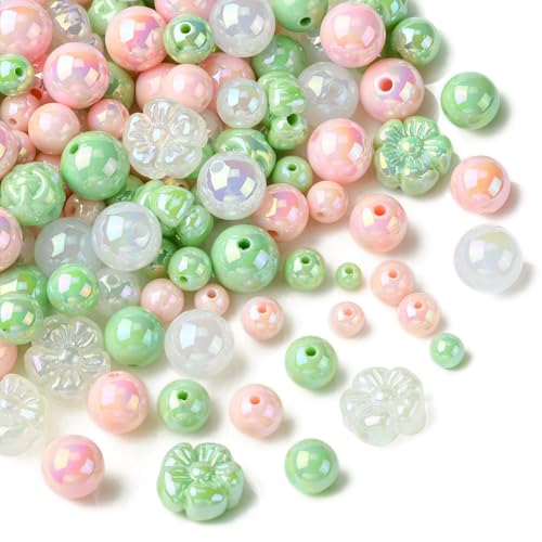 KitBeads 210 Stück zufällige 6–16 mm Acrylperlen, rund, klobige Kaugummi-Perlen, AB-Farbe, Grün, Rosa, Blumenperlen für Schmuckherstellung, Armbänder, Halsketten, Basteln von KitBeads