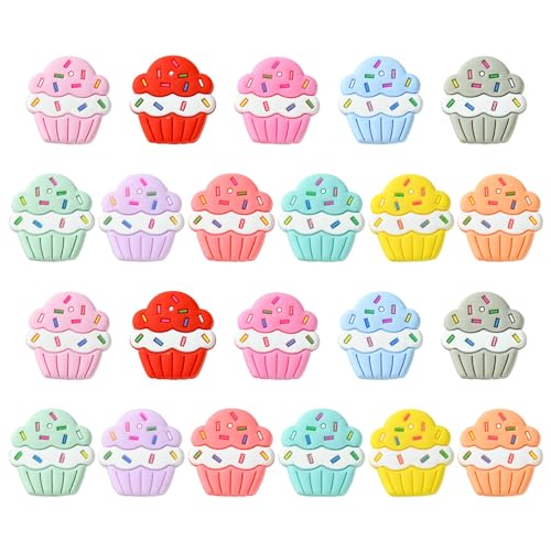 KitBeads 22 Stück Lebensmittel-Silikon-Focal-Perlen, gemischte Farben, Cupcake-Form, Gummiperlen, Cartoon-Süßigkeiten-Dessertperlen für Schmuckherstellung, Bulk von KitBeads