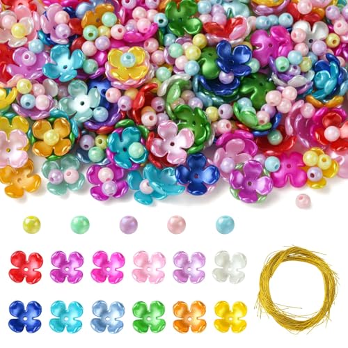 KitBeads 250 Stück zufällige Blumen-Perlenkappen, Acryl-Imitationsperle, rund, 4-Petal, Kirschblütenperlen mit Kupferdraht für Schmuckherstellung, Ohrringe, Armbänder, Handwerk, Großpackung von KitBeads