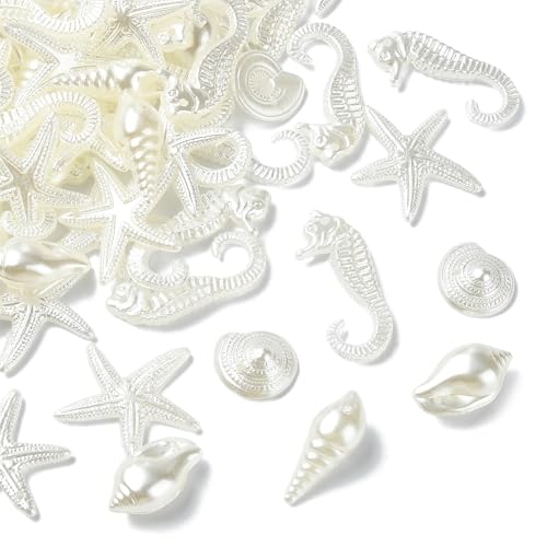 KitBeads 260 Stück zufällige weiße Meeresperlen, Muscheln, Seepferdchen, Seesternperlen, barocke Kunststoffperlen, Meerestierperlen für Schmuckherstellung, Armbänder, Basteln von KitBeads