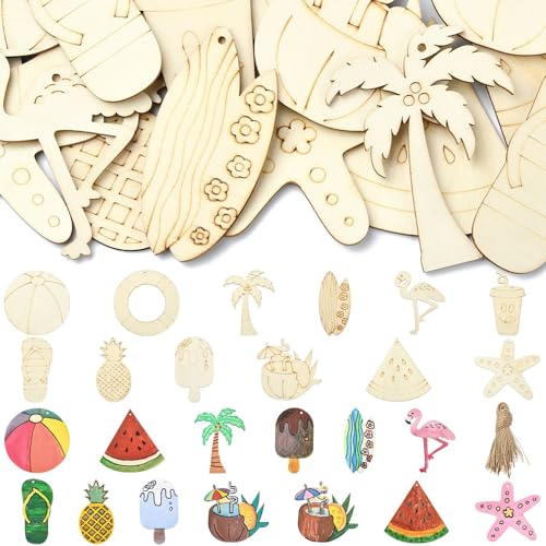 KitBeads 30 Stück 12 Stile Sommer Holzornamente Hawaiianische Ozean Holzausschnitte Surfbrett Slipper Palme Form für Party Malerei DIY Dekor Supplies von KitBeads