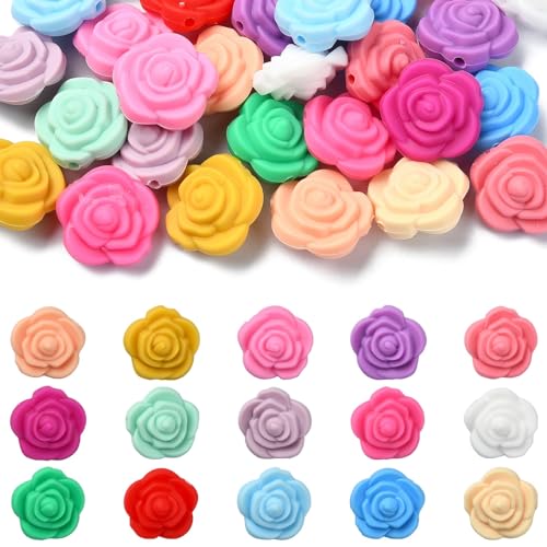 KitBeads 30 Stück 20 mm 15 Farben Silikon Blumen Perlen Mini Gummi Rose Perlen Frühling Pflanzen Blume Focal Perlen für Stifte Handwerk Bulk von KitBeads