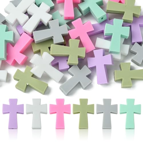 KitBeads 30 Stück 6 Stile Kreuz Silikonperlen Jesus Glaube Focal Perlen Gummi Kruzifix Religion Perlen für Basteln, Schlüsselanhänger, Schmuckherstellung, Stifte, Armbänder, Großpackung von KitBeads