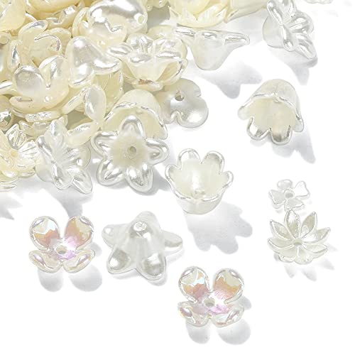 KitBeads 300 Stück zufällige Blumen-Perlenkappen, ABS-Imitationsperlen mit 5 Blütenblättern, niedliche Trompetenblüten für Armbänder, Schmuckherstellung, Basteln von KitBeads