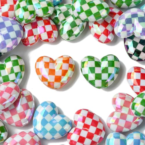 KitBeads 30pcs Random Plated Heart Beads Colorful Grid Heart Beads Valentine's Day Heart Shaped Beads for Jewellery Making Bracelets Bulk von KitBeads