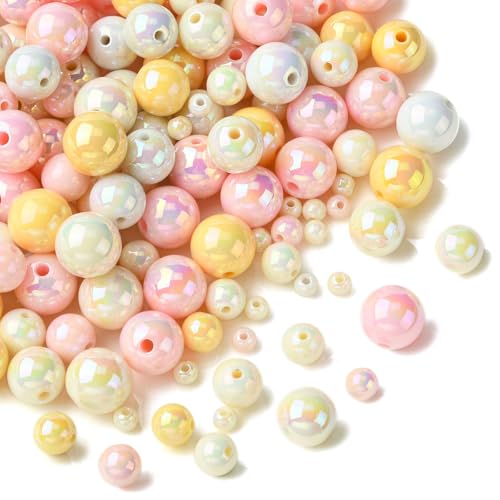 KitBeads 320 Stück zufällige 6–16 mm gelb-rosa Blasen-Perlen, Acryl, Kaugummi-Perlen, AB-Farbe, klobige, runde Perlen für Schmuckherstellung, Armbänder, Halsketten, Basteln von KitBeads