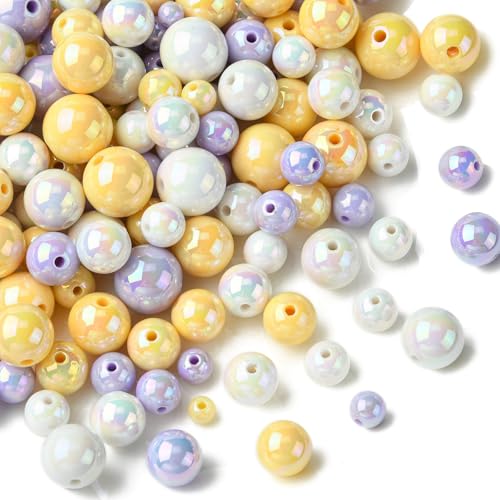 KitBeads 320 Stück zufällige 6–16 mm gelbe lila runde Acrylperlen, Kaugummi-Perlen für Schmuckherstellung, Armbänder, Halsketten, Basteln von KitBeads