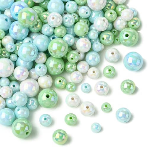 KitBeads 320 Stück zufällige 6–16 mm grün-blaue runde Perlen, Acrylperlen, Bubblegum-Perlen, UV-Beschichtung, klobige Kaugummi-Perlen für Schmuckherstellung, Armbänder, Halsketten, Basteln von KitBeads